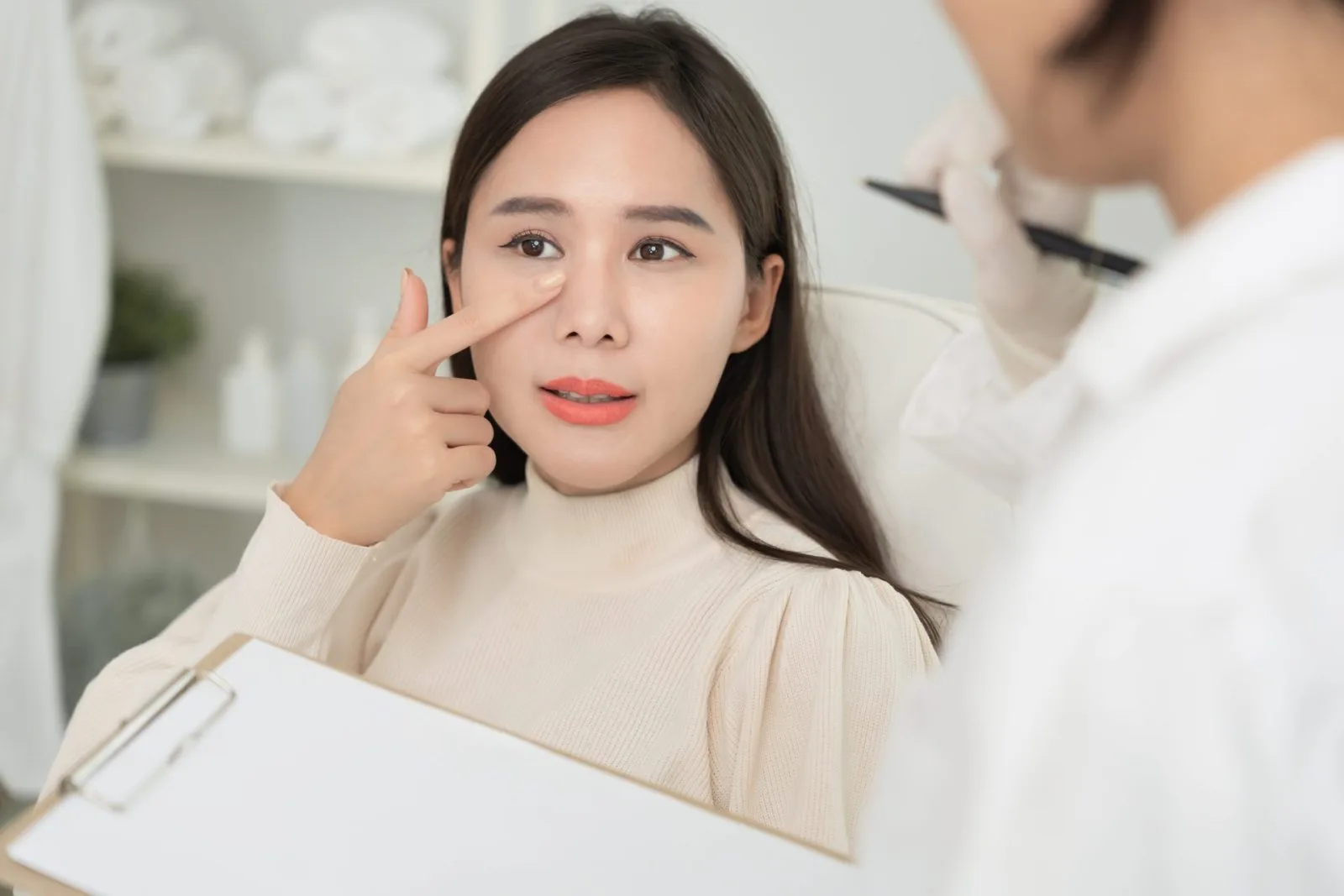 Patient pointing to under-eye area during consultation with a surgeon about fat transfer treatment